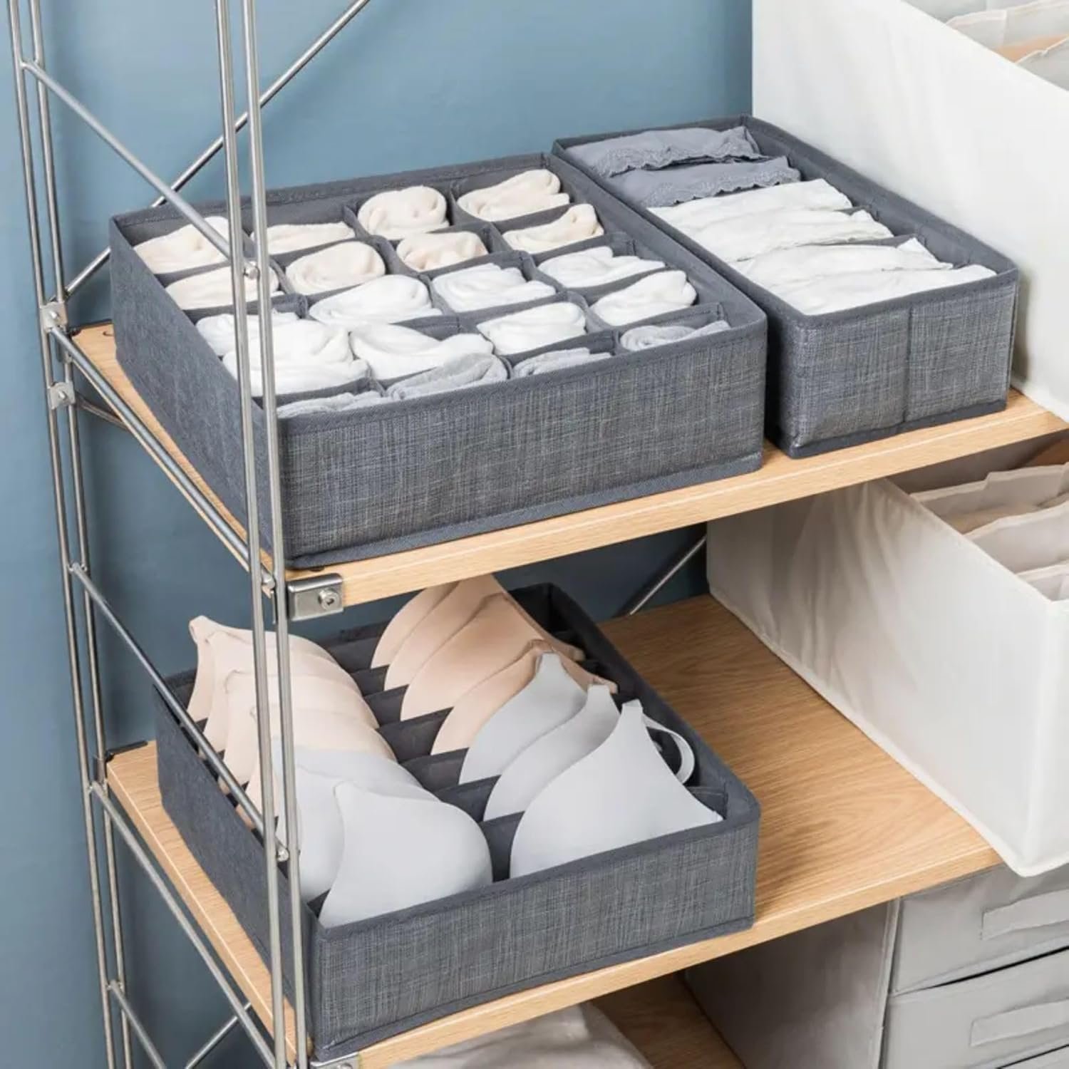 Foldable Drawer Organizer Boxes | Polyester Oxford Fabric Closet Dividers for Clothes, Socks, Underwear, Lingerie & Accessories (Set of 3, Grey) - Image 7