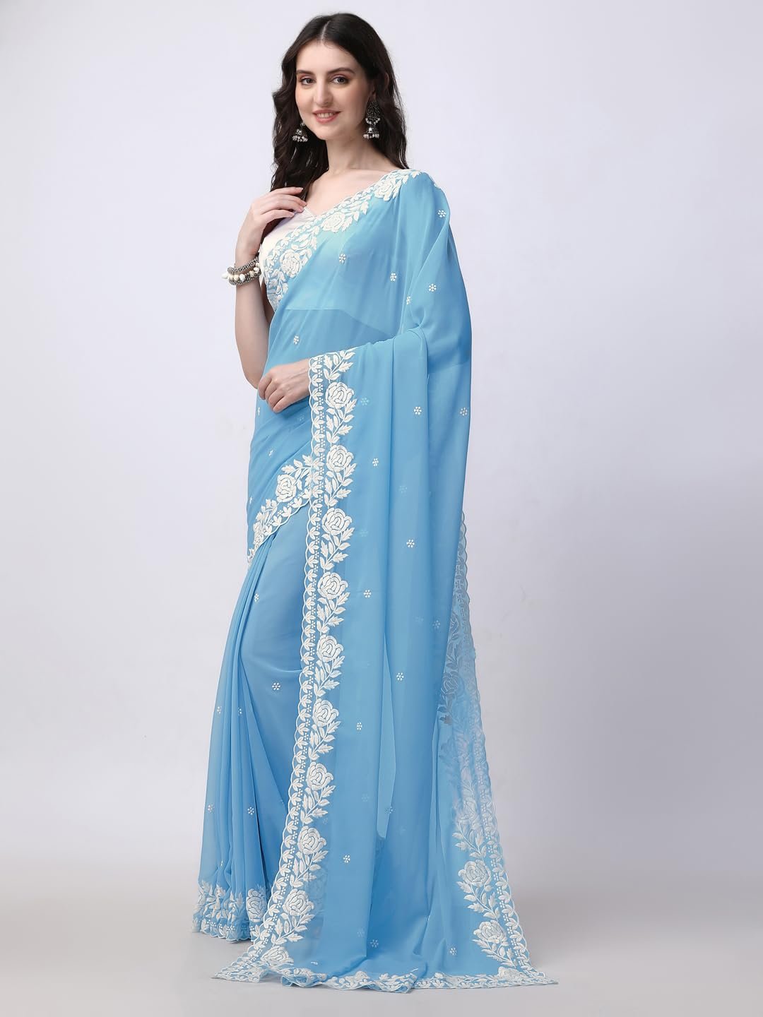 Women's Georgette Embroidery Border Work Saree with Blouse Piece - Image 8