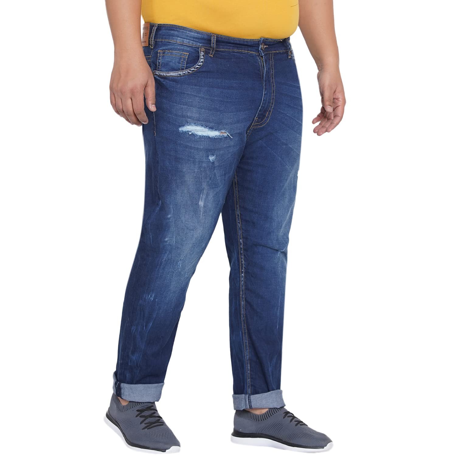 JOHN PRIDE Plus Size Men's Stretchable Mid-Rise Comfort Fit Ripped Blue Cotton Jeans for Men - Image 3
