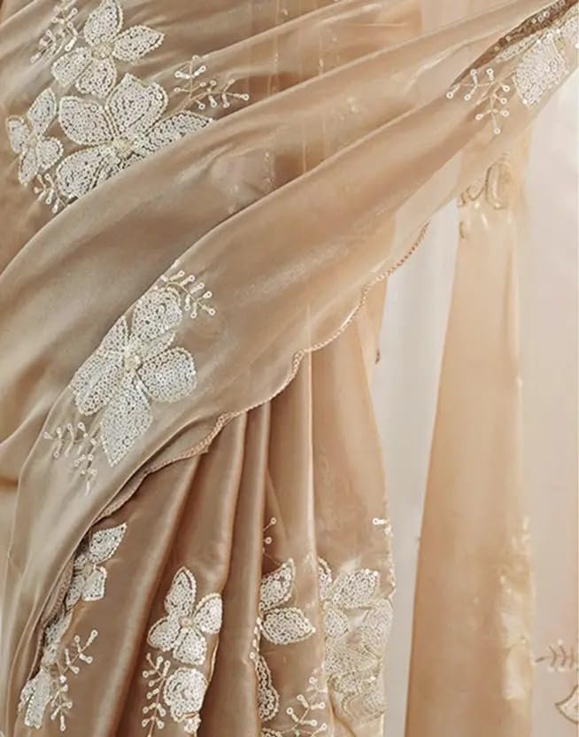 Women's Shimmer Chiffon Sequins Embroidery Saree with Unstitched Blouse Piece - Image 3