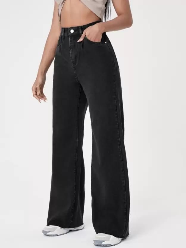 CHALODIA Women's Straight Leg Denim Jeans || Casual Relaxed Fit Vintage Wash Trendy || Everyday Fashion Bottoms for Girls (J-601 Flared Black 28) (J-601-28 S) - Image 3