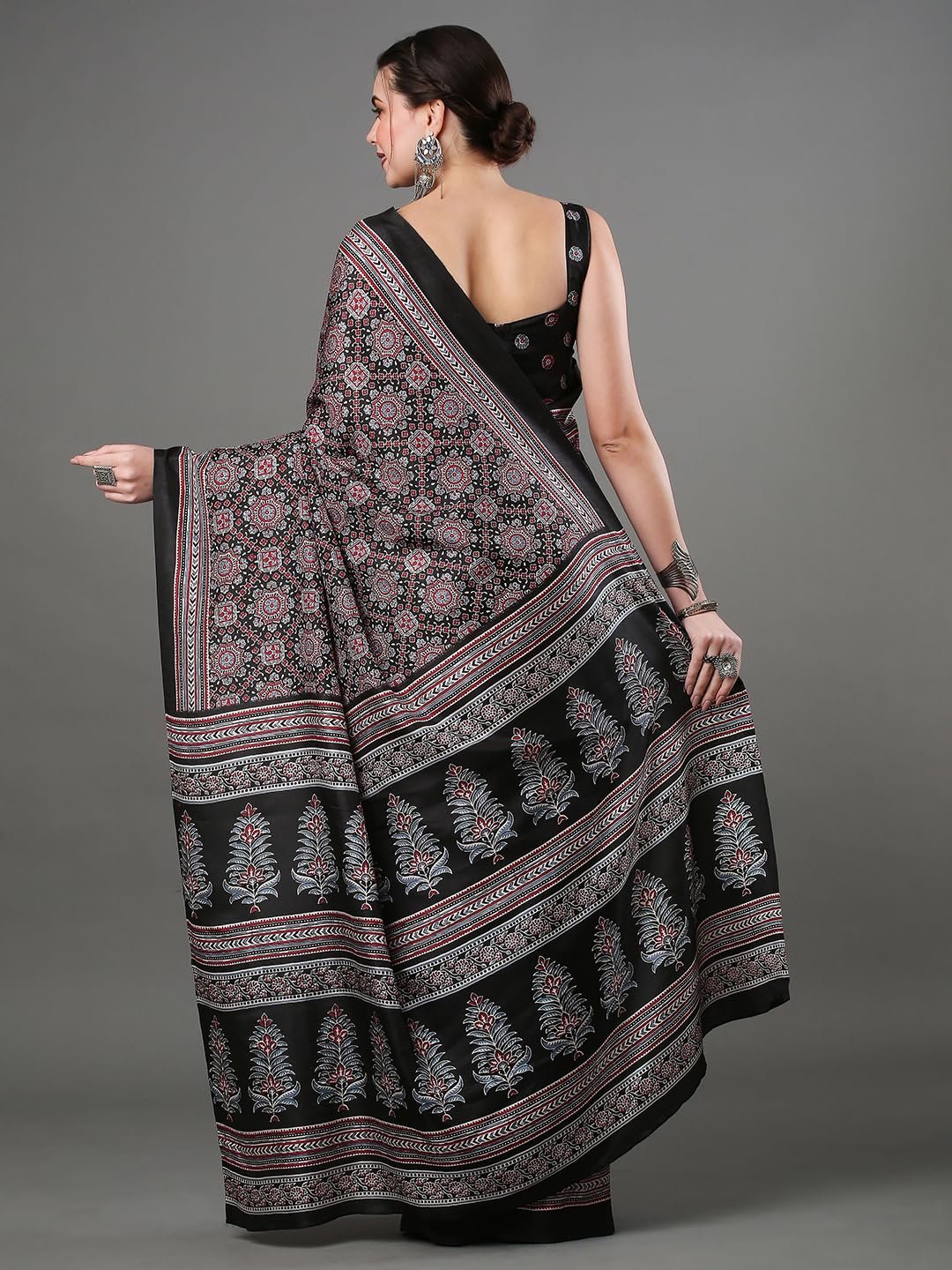 AKHILAM Women's Ajrak Block Print Dola Silk Saree With Unstitched Blouse Piece - Image 2