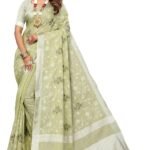 ALAGINI Women's Linen Cotton Embroidery Work Saree with Blouse Piece