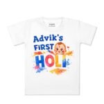 ARVESA Customised Baby Name My First Holi Baby T Shirt for Baby Boy and Baby Girl White Cotton 0–24 Months Design No 2122 My First Holi
