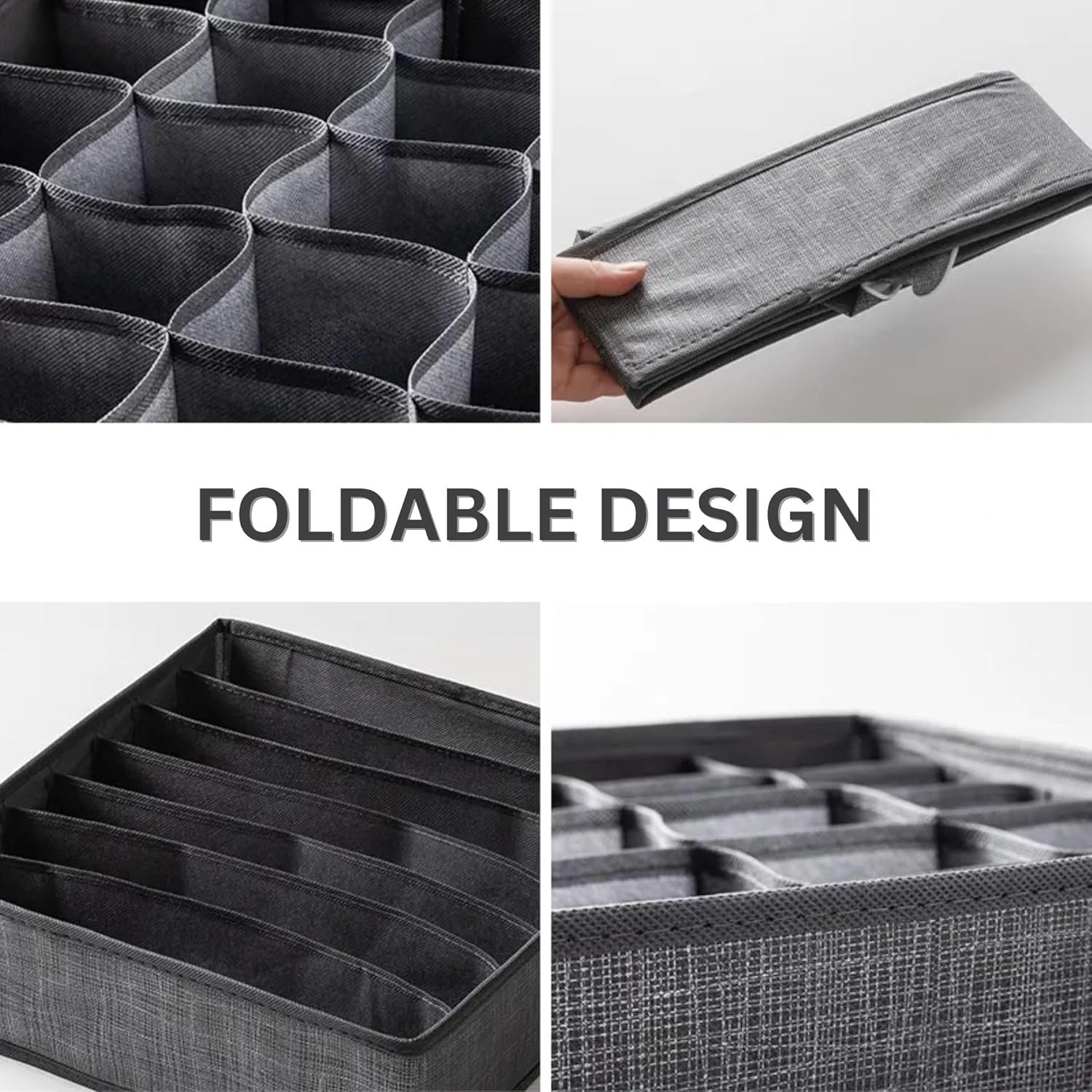 Foldable Drawer Organizer Boxes | Polyester Oxford Fabric Closet Dividers for Clothes, Socks, Underwear, Lingerie & Accessories (Set of 3, Grey) - Image 2