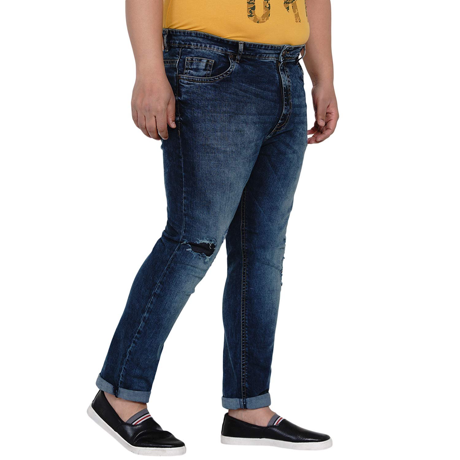 JOHN PRIDE Plus Size Men's Stretchable Mid-Rise Comfort Fit Ripped Navy Blue Cotton Jeans for Men - Image 2