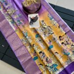 Kalamkari Floral Prints Dola Silk Saree With Woven Zari Border Designer Pallu Attach Blouse Piece